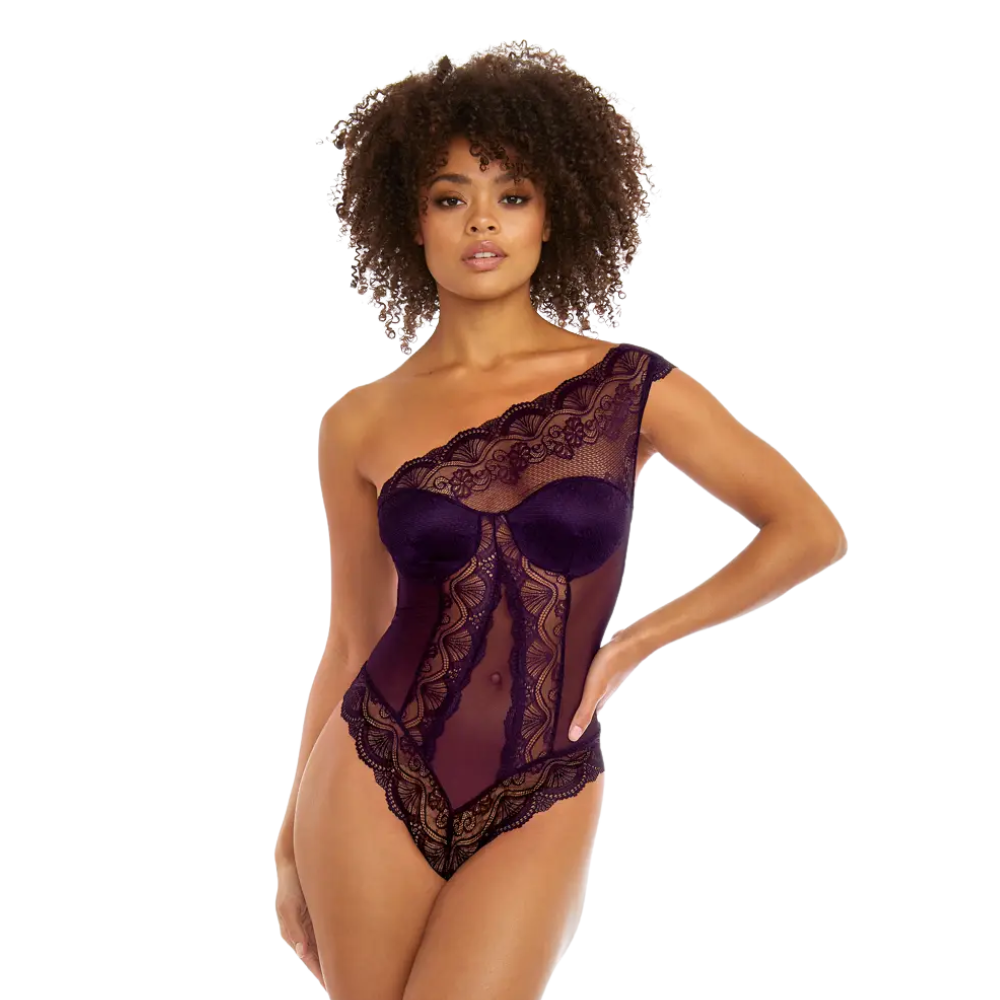 One-Shoulder Lace Bodysuit - Plum